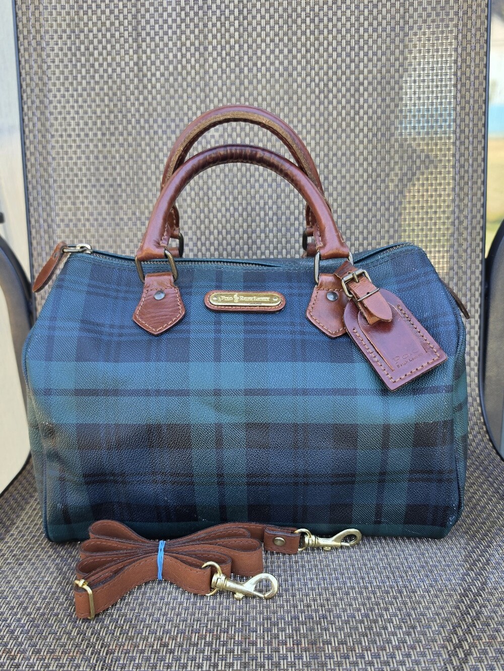Polo by Ralph Lauren Blue Green Plaid Satchel with Brown Leather Trim